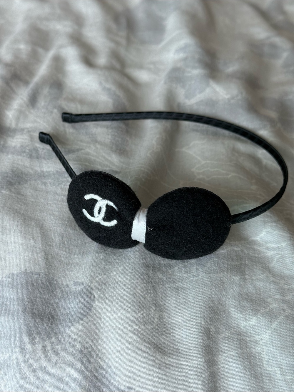 CHANEL Black Kids Headband with White Logo Bow Accent